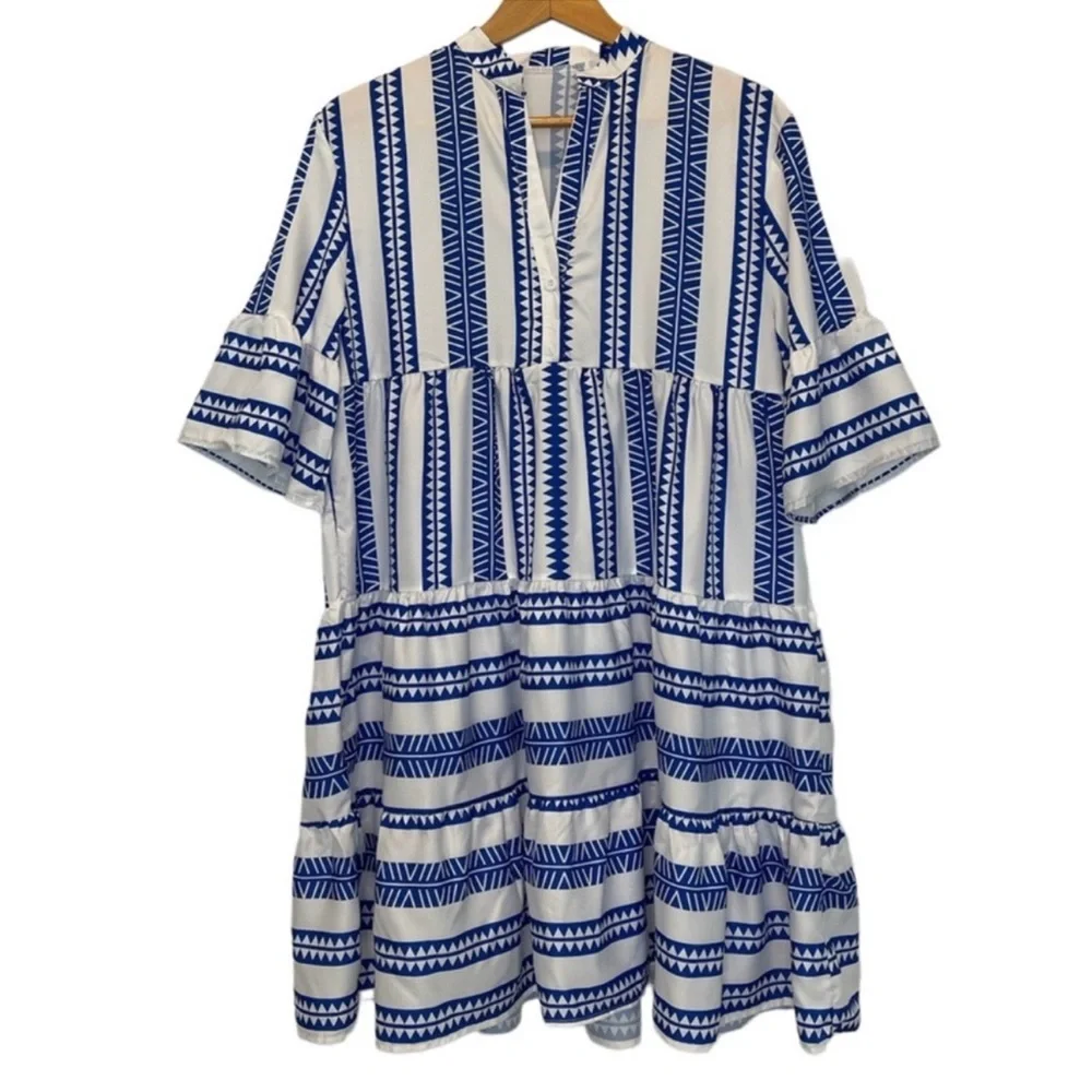 Baby Doll Mini Dress Geometric V-Neck Striped Blue & White Women’s Size Large - Picture 3 of 14